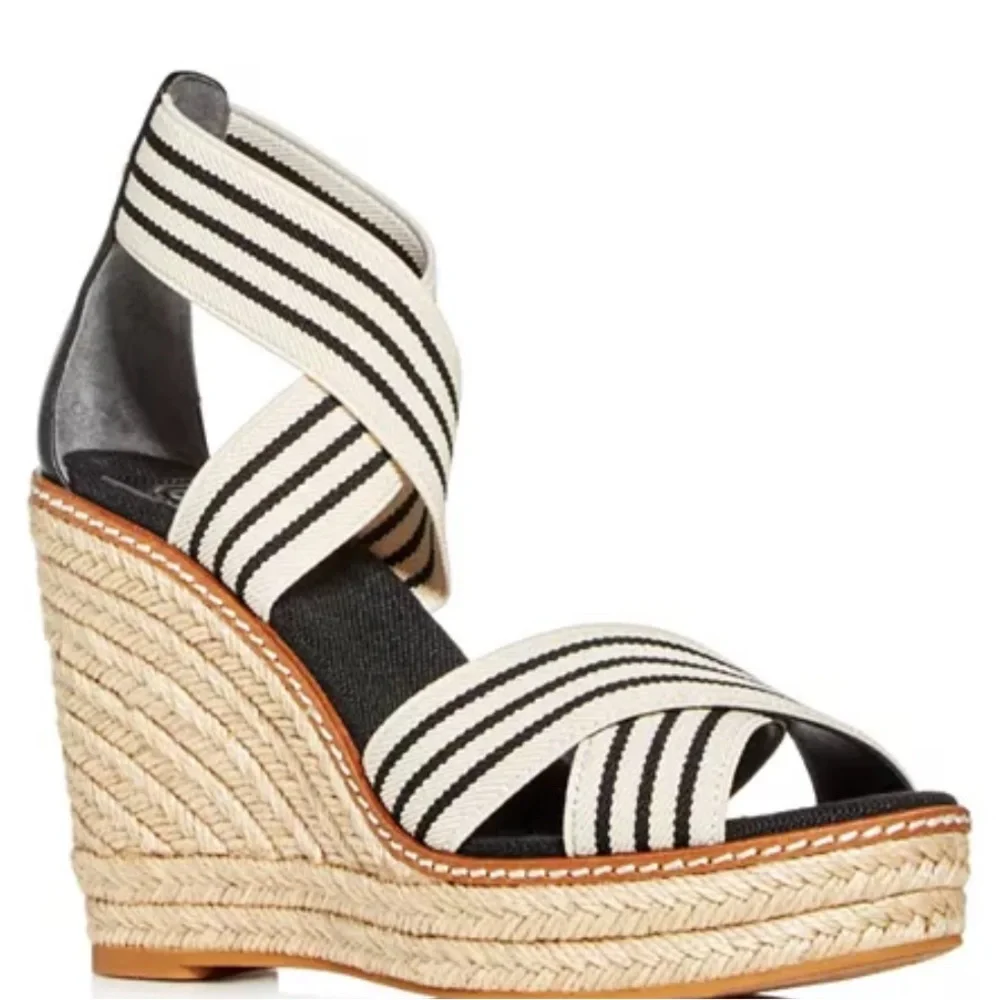 Tory Burch Black and Cream Striped Espadrille Wedge Sandals